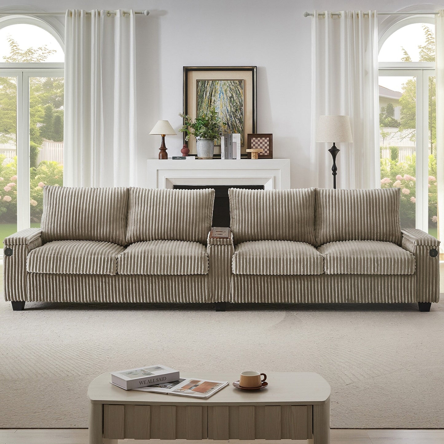 Canapé 4 places en velours côtelé 133 - Canapé de rangement moderne avec ports USB et porte-gobelets rabattables