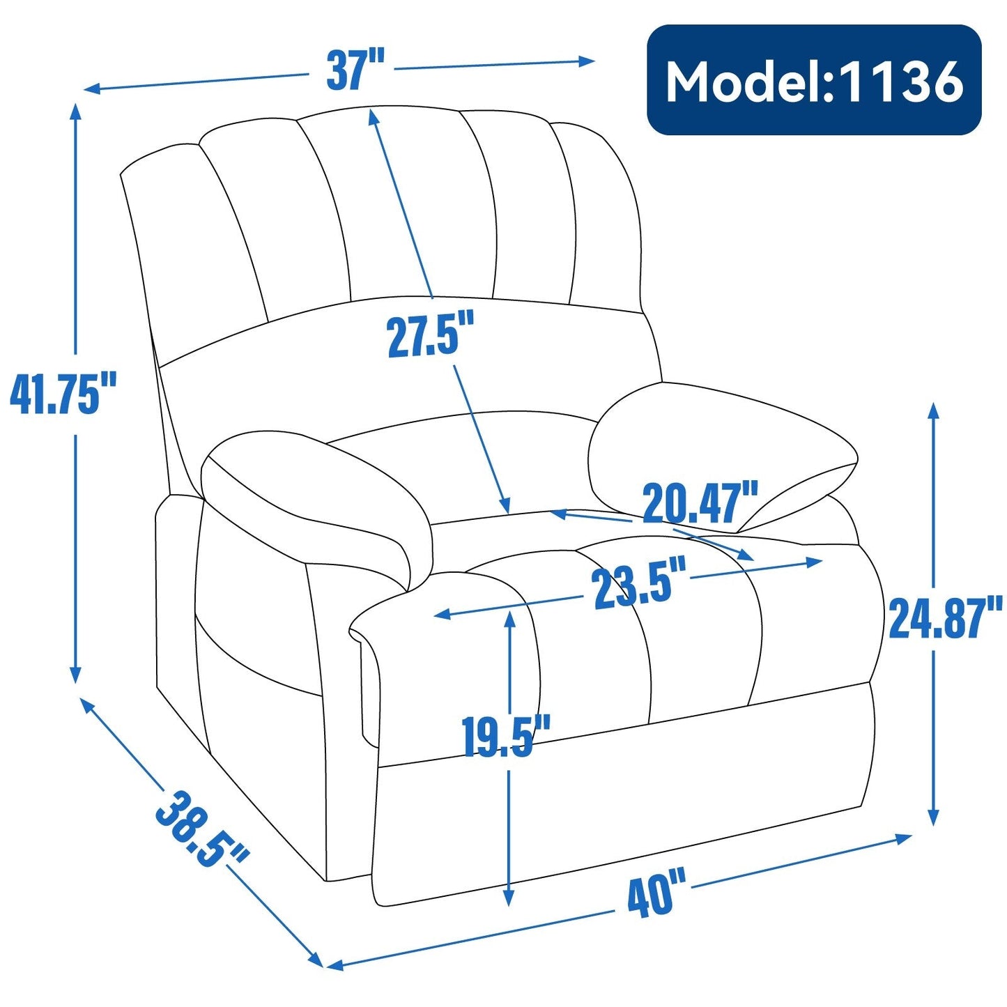 Fauteuil inclinable électrique de grande taille, largeur d'assise 23 et dossier haut, en chenille bleu-gris, avec massage par vibrations à 8 points