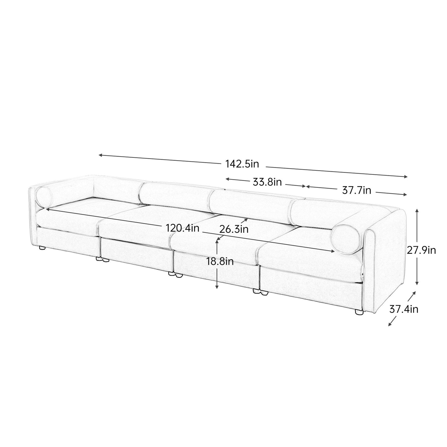 Canapé sectionnel modulaire 4 pièces - Chaise longue avec rangement et dossiers cylindriques, assise profonde
