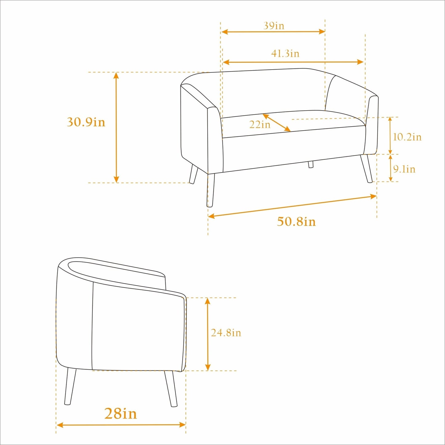 Canapé 2 places moderne à 50,78 $, tissu velours côtelé, avec pieds en bois naturel