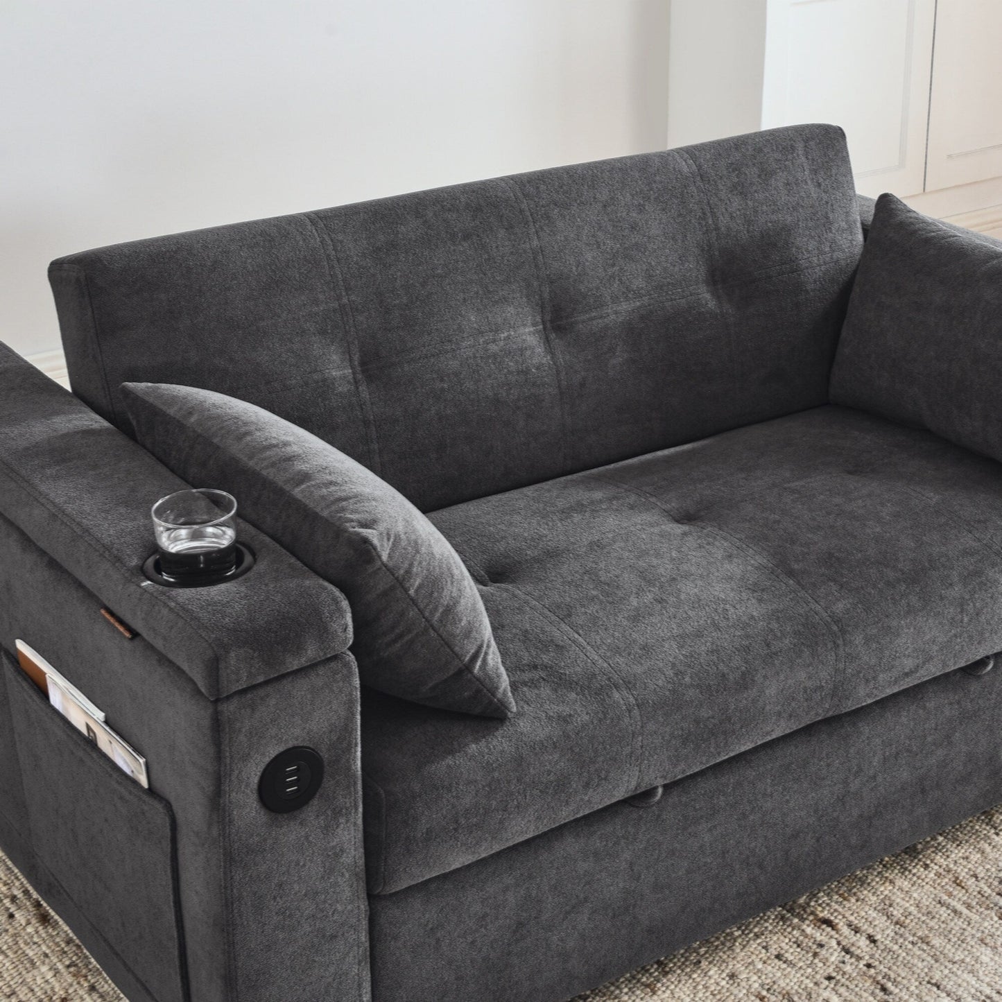 Canapé-lit gigogne 54 places inclinable avec accoudoirs, rangements et poches latérales, prise USB