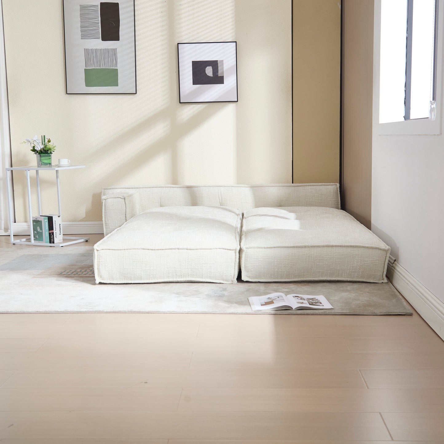 Canapé convertible 3 en 1 en velours bleu de 55 pouces avec poches