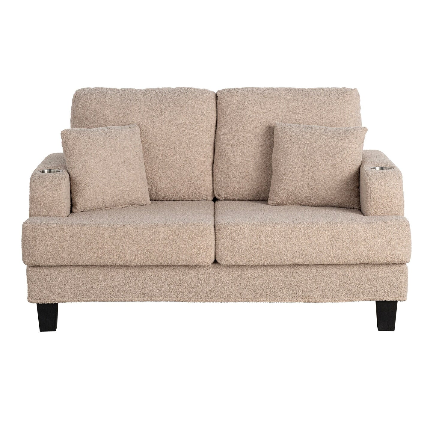 Petit canapé causeuse beige de 61 pouces avec 2 coussins et porte-gobelet