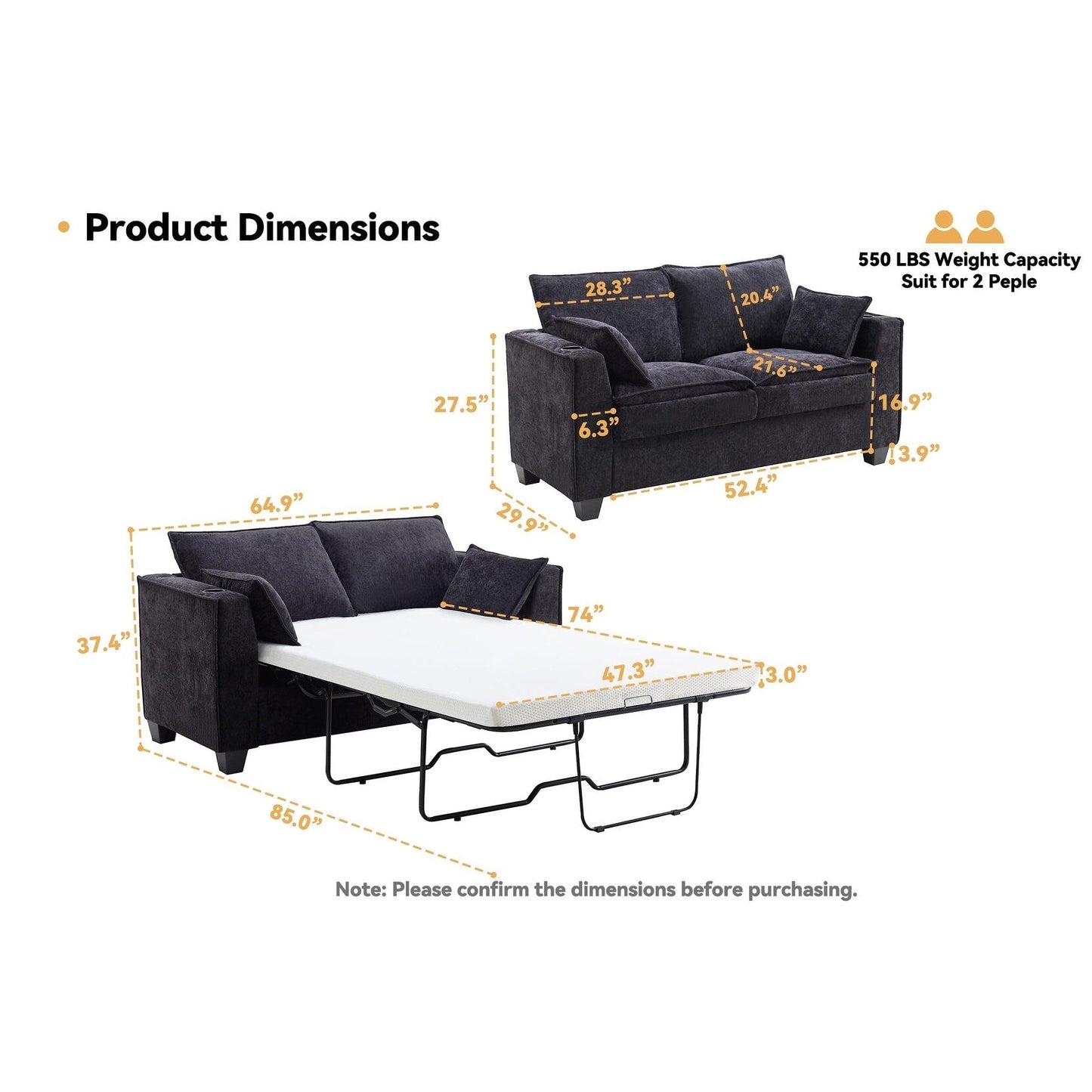 Canapé-lit 2 places en chenille 64,9 cm avec surmatelas en mousse à mémoire de forme - Cadre de lit à lattes en bois massif, 2 porte-gobelets