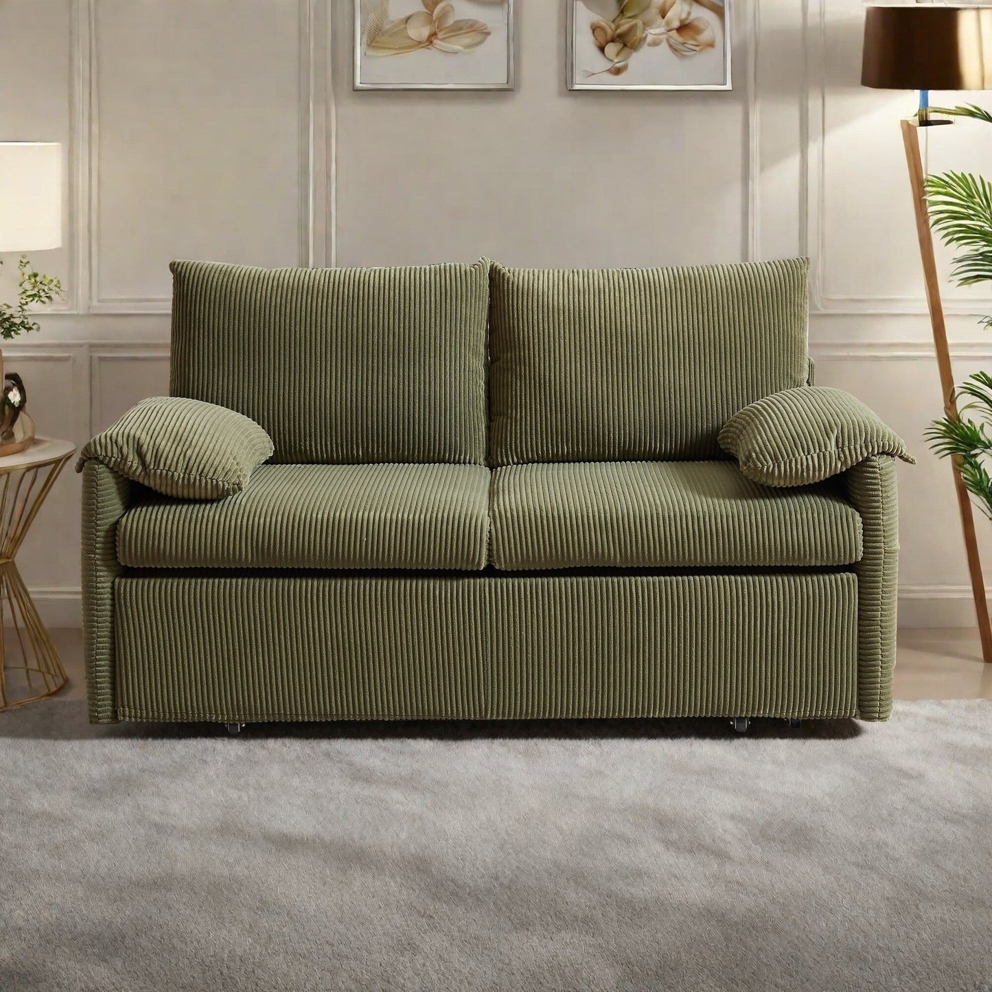 Canapé-lit 3 en 1 2 places en velours côtelé avec poche de rangement latérale et coussins en éponge haute densité