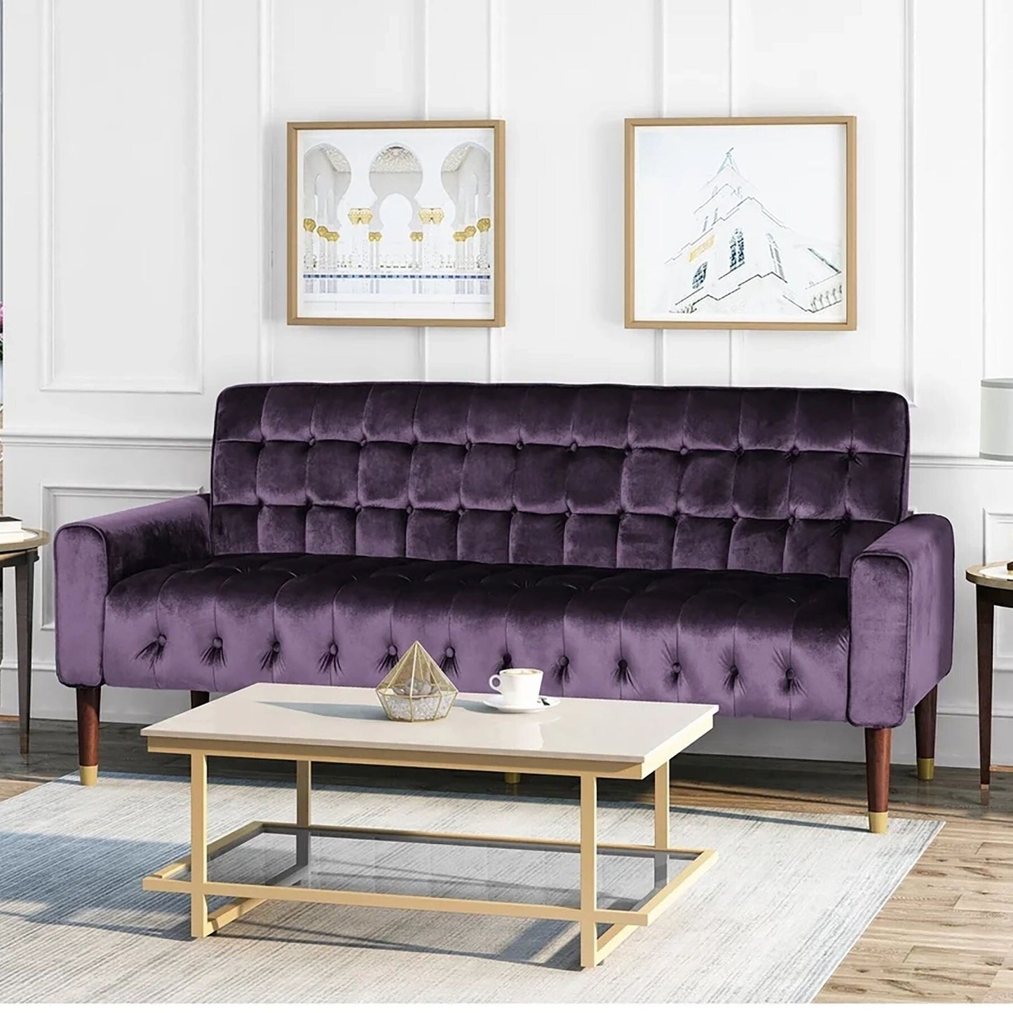 Canapé droit en velours à accoudoirs carrés de 70 po