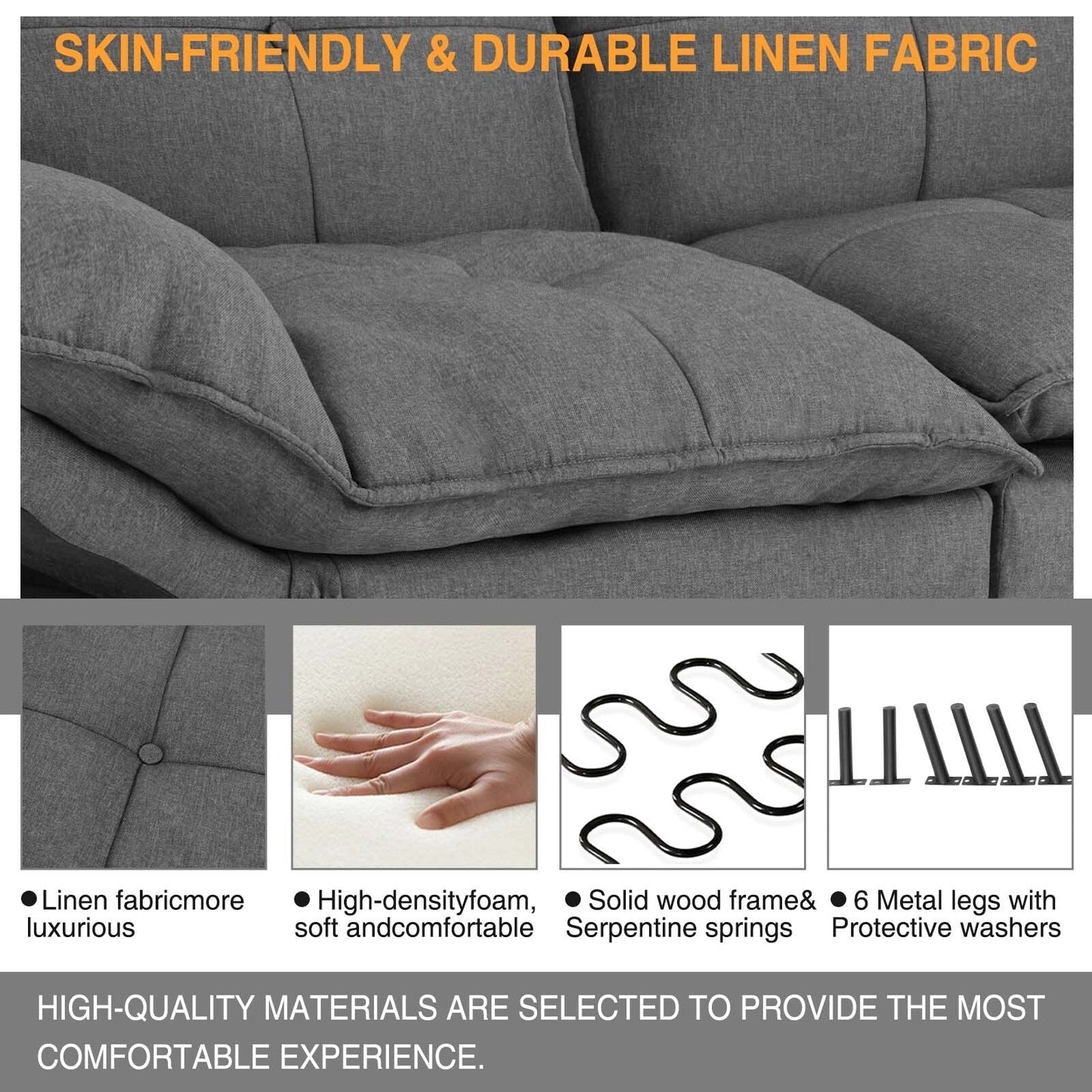 Canapé-lit pliant en lin 70,8 avec dossier réglable et six pieds en métal chromé pour salon