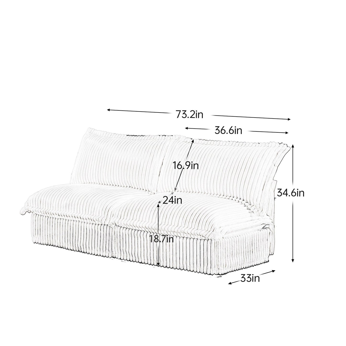 Canapé 3 places sans accoudoirs en velours côtelé 73.2 profond pour salon et chambre