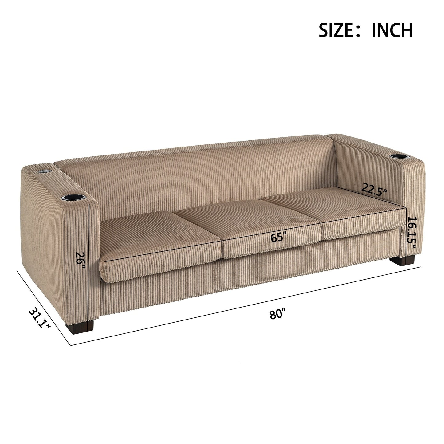 Canapé 3 places en bois massif 80 avec 2 ports USB et deux porte-gobelets