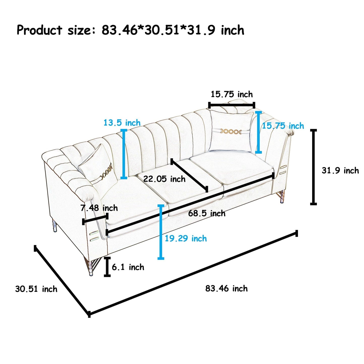 Canapé 3 places moderne en velours 82,67 po, dossier capitonné à canaux verticaux, pieds en métal doré, style Chesterfield