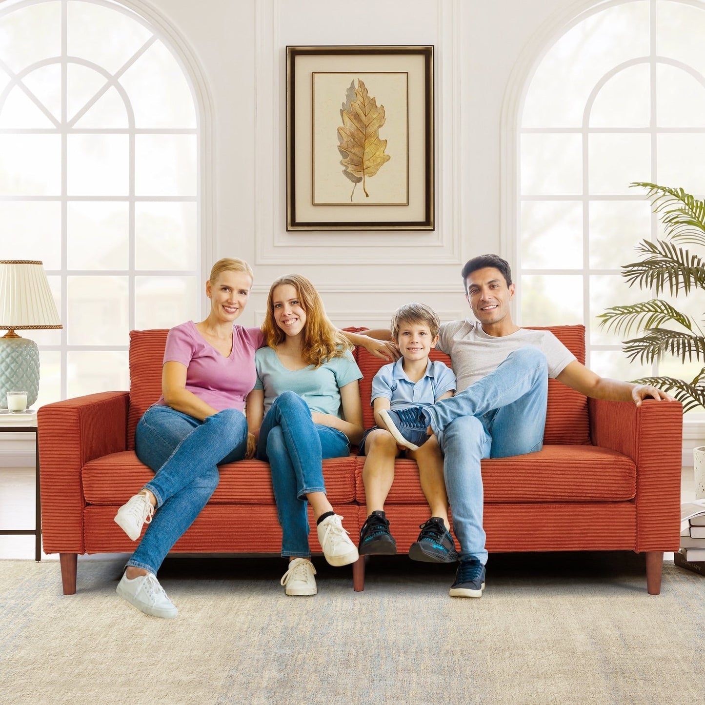 Causeuse rectangulaire 2 places en velours côtelé de 82,68 po de long, style milieu de siècle moderne, avec accoudoirs carrés