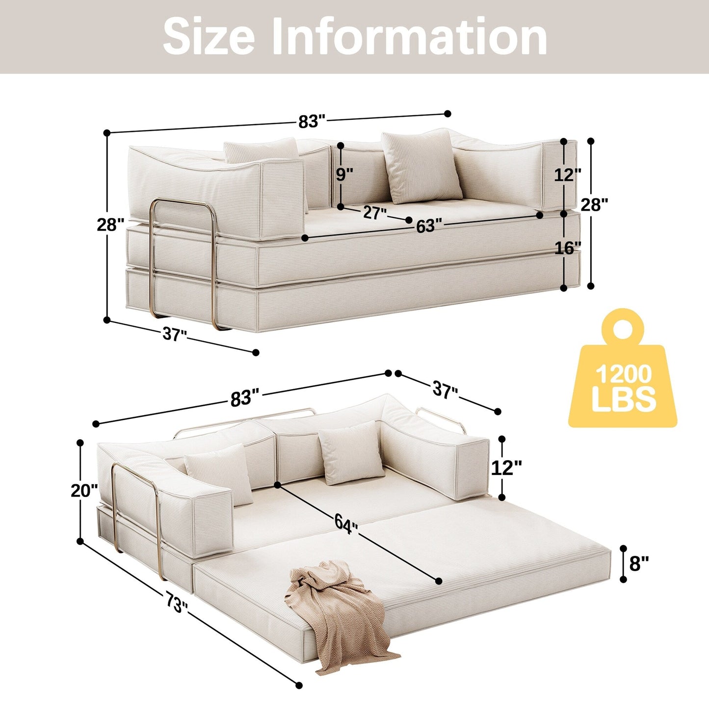 Canapé-lit convertible rembourré 83 en velours côtelé, futon pliable avec 2 oreillers