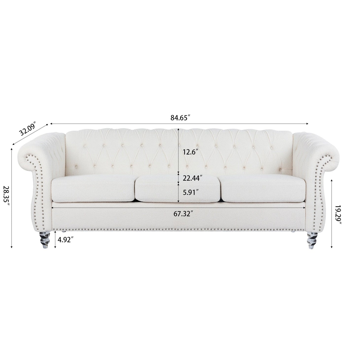 Canapé Chesterfield en polyester 84,65 avec accoudoirs roulés (3 places)