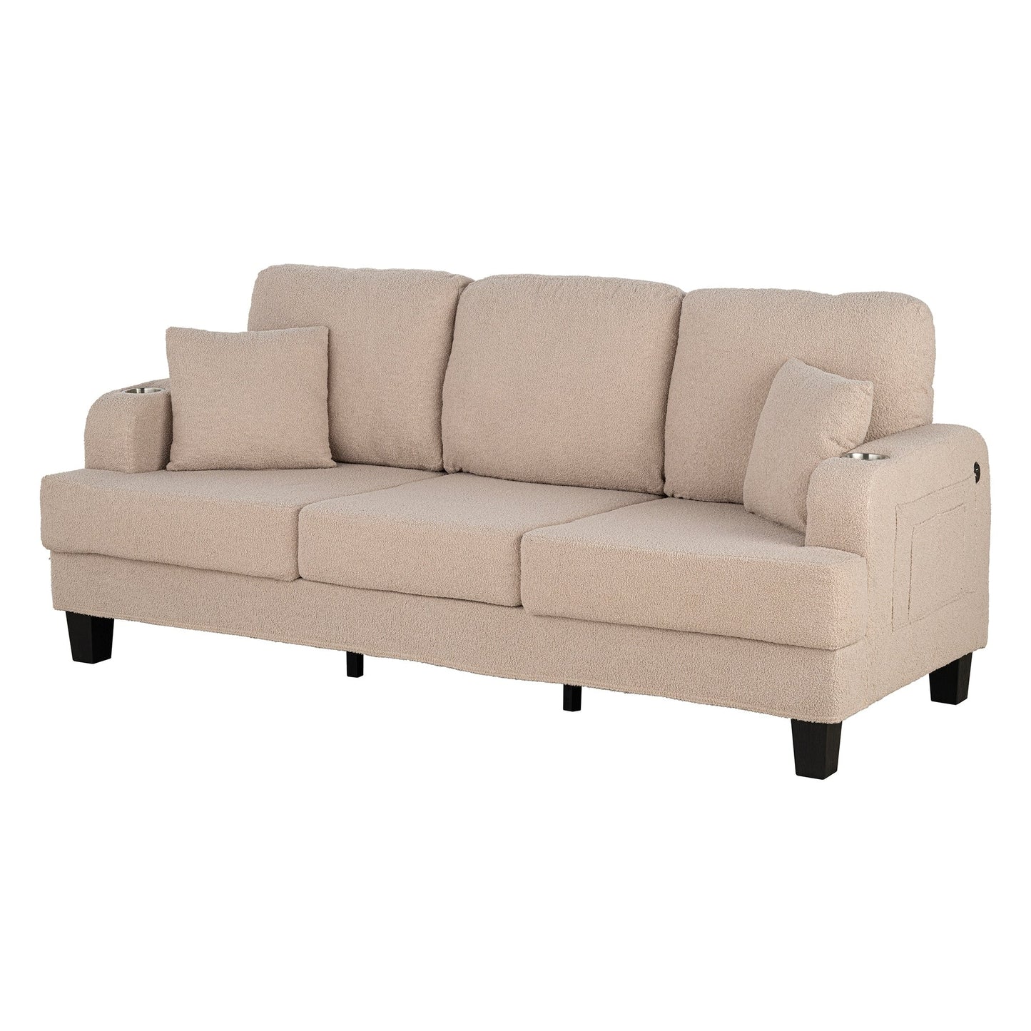 Canapé 3 places moderne en velours côtelé beige avec port USB et 2 oreillers