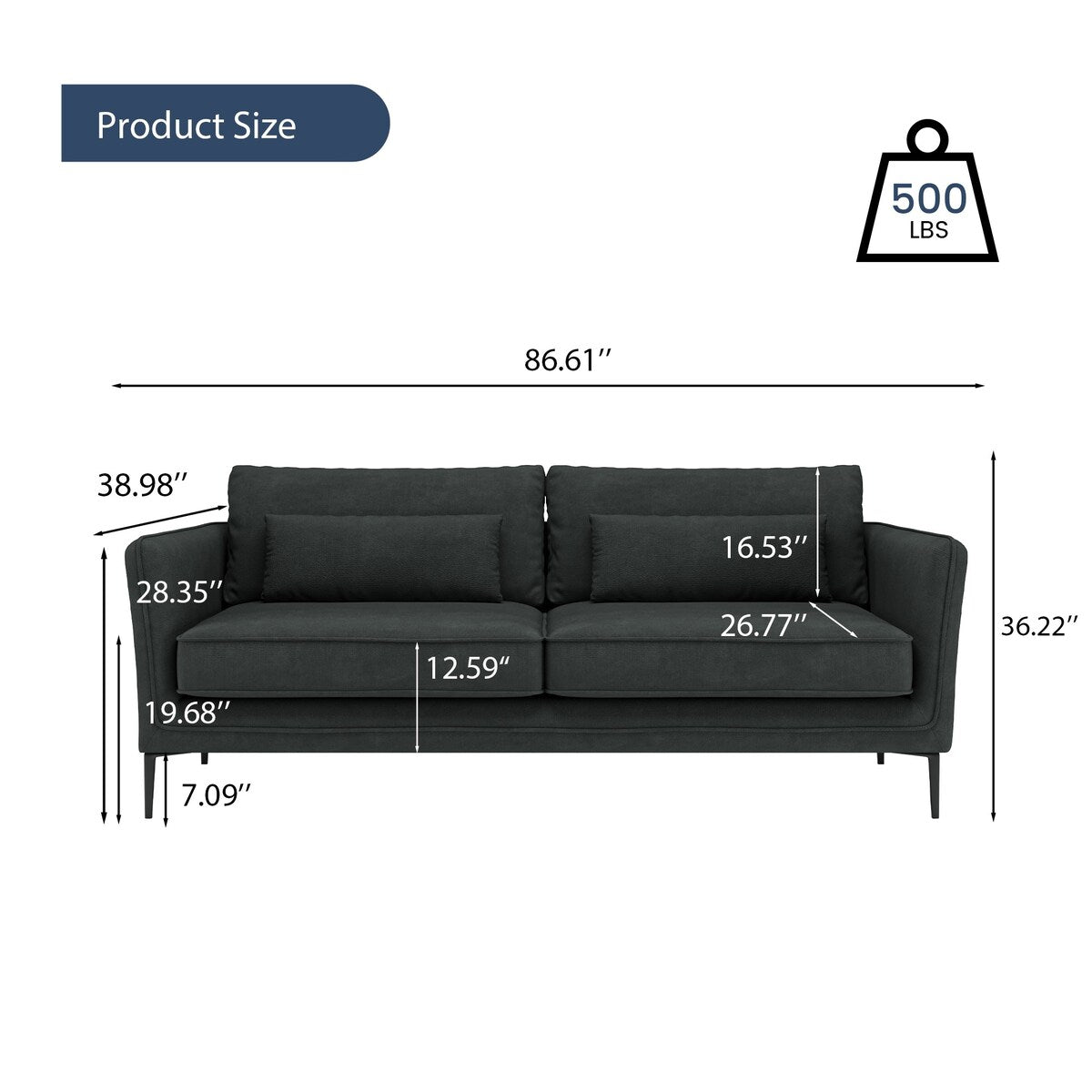 Canapé minimaliste moderne anti-rayures et imperméable 86,61 po, gris foncé