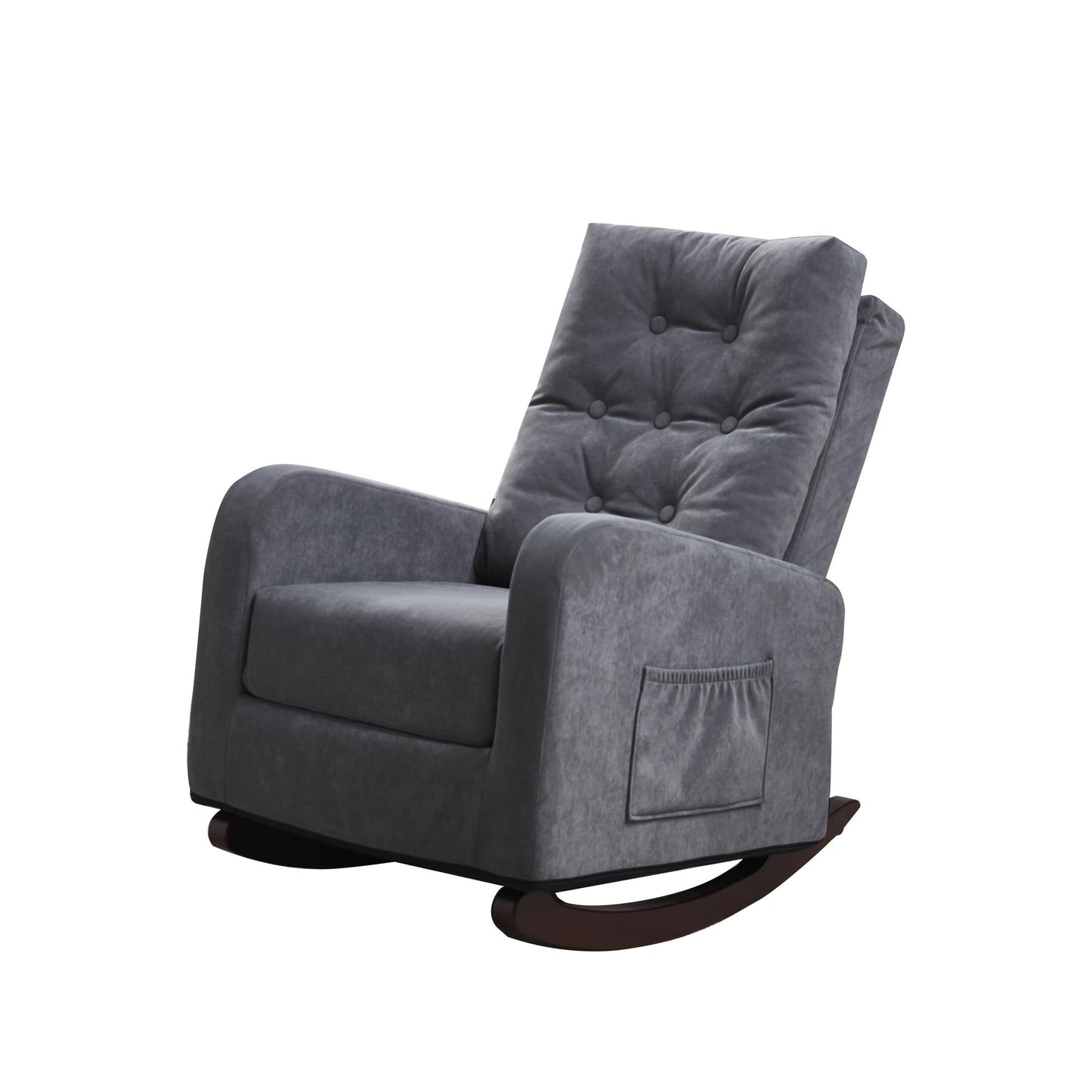 Fauteuil à bascule gris antique à dossier haut 28,74 po avec pieds en bois massif et poche latérale