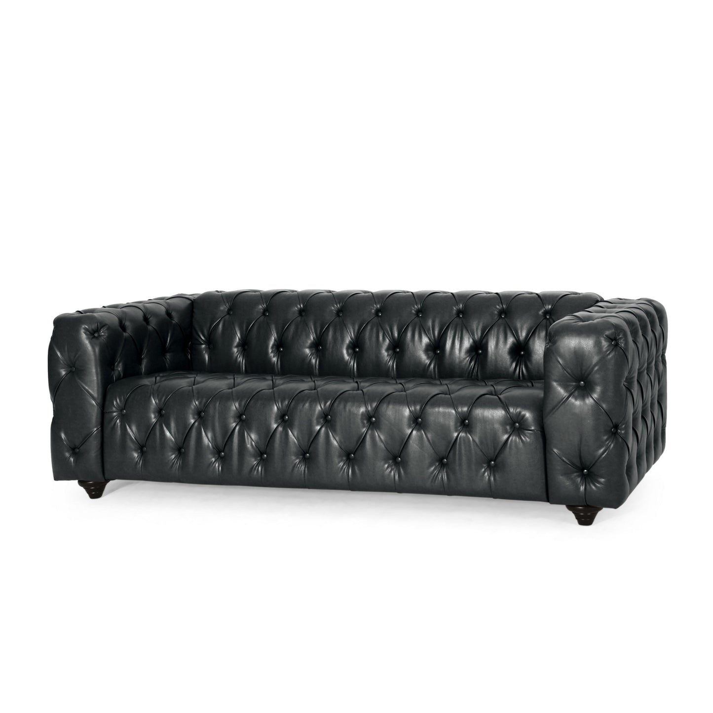 Canapé Arlo, Chesterfield capitonné, revêtement en similicuir noir, bois, 84 pouces
