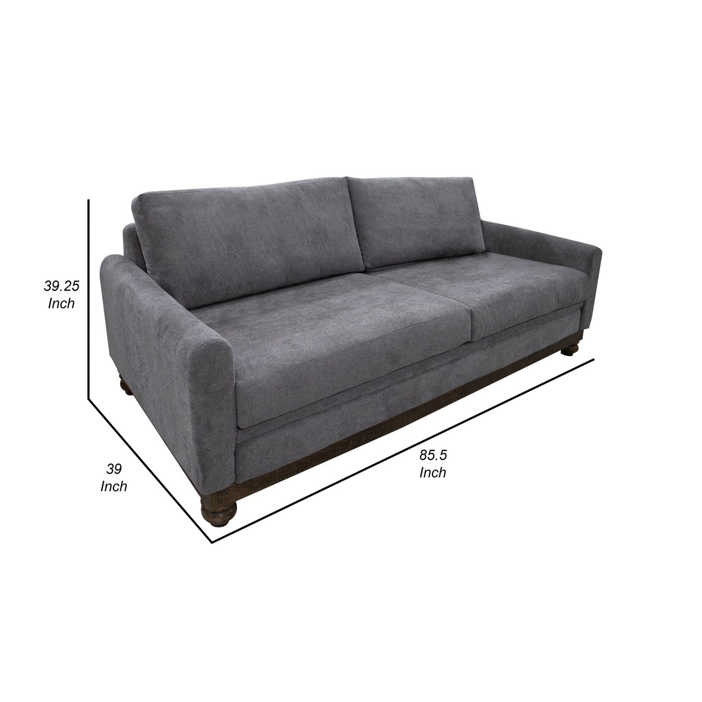 Canapé Ata, polyester gris fer, 2 coussins décoratifs, bois massif marron, 218 cm