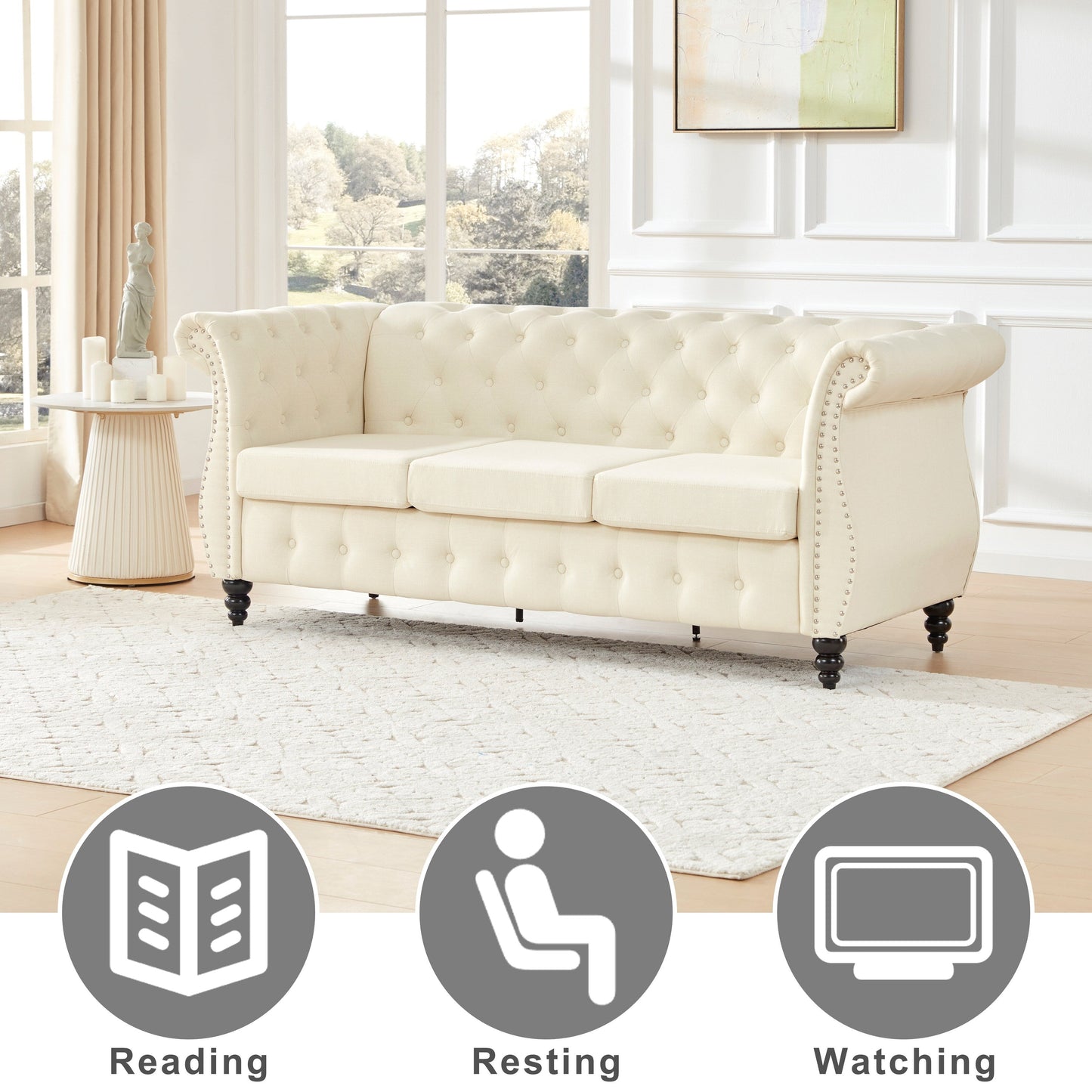 Canapé Chesterfield 3 places en lin beige de 78,7 po avec accoudoirs capitonnés et pieds en bois