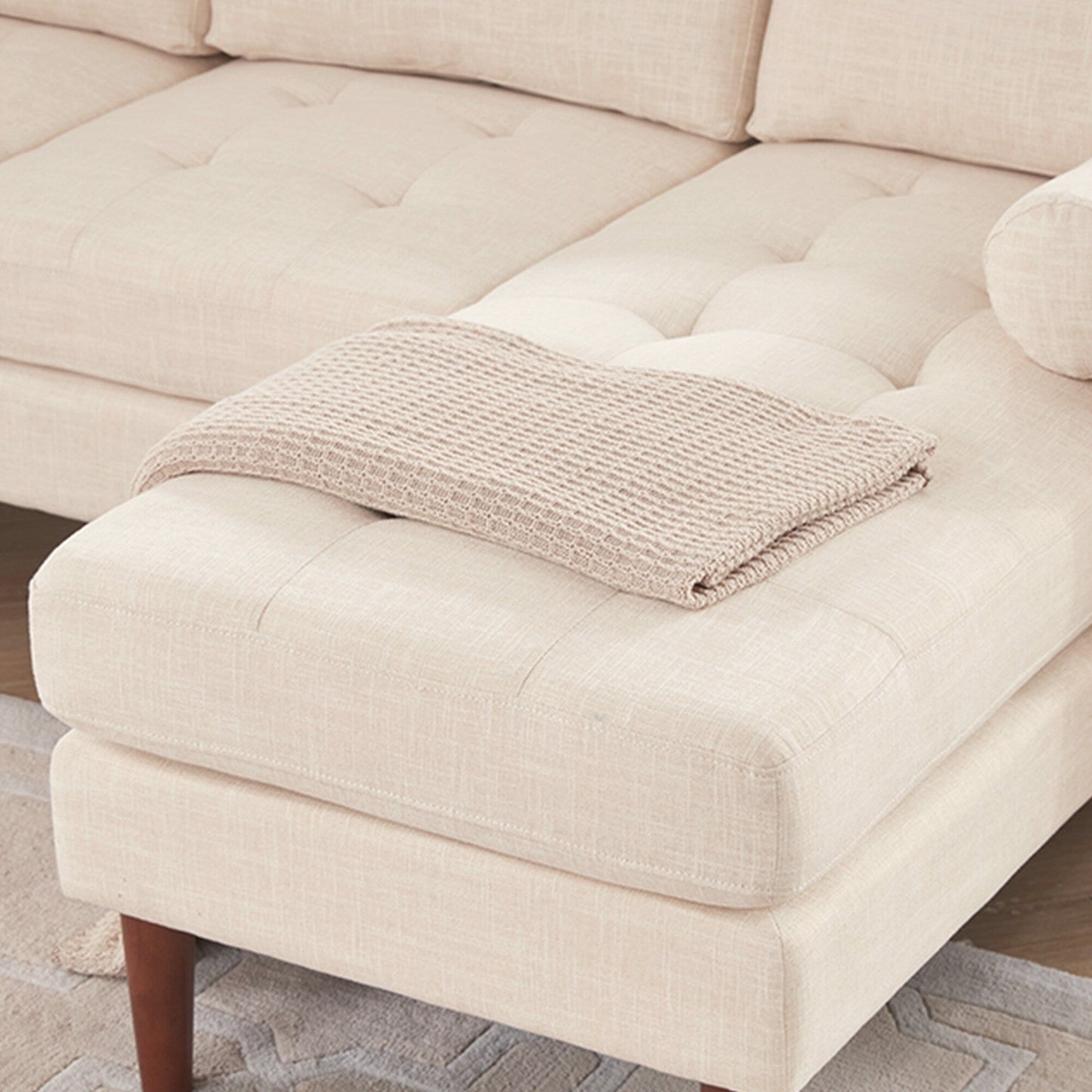 Canapé 3 places en L en lin beige de 80 pouces avec méridienne réversible et coussins capitonnés