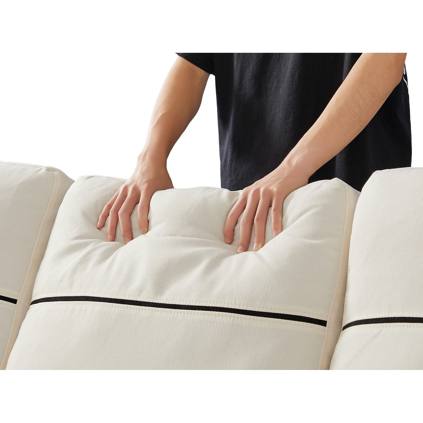 Canapé 3 places beige de 81,9 pouces avec méridienne, rangement et design facile à déplacer avec pieds en plastique et roulettes en caoutchouc