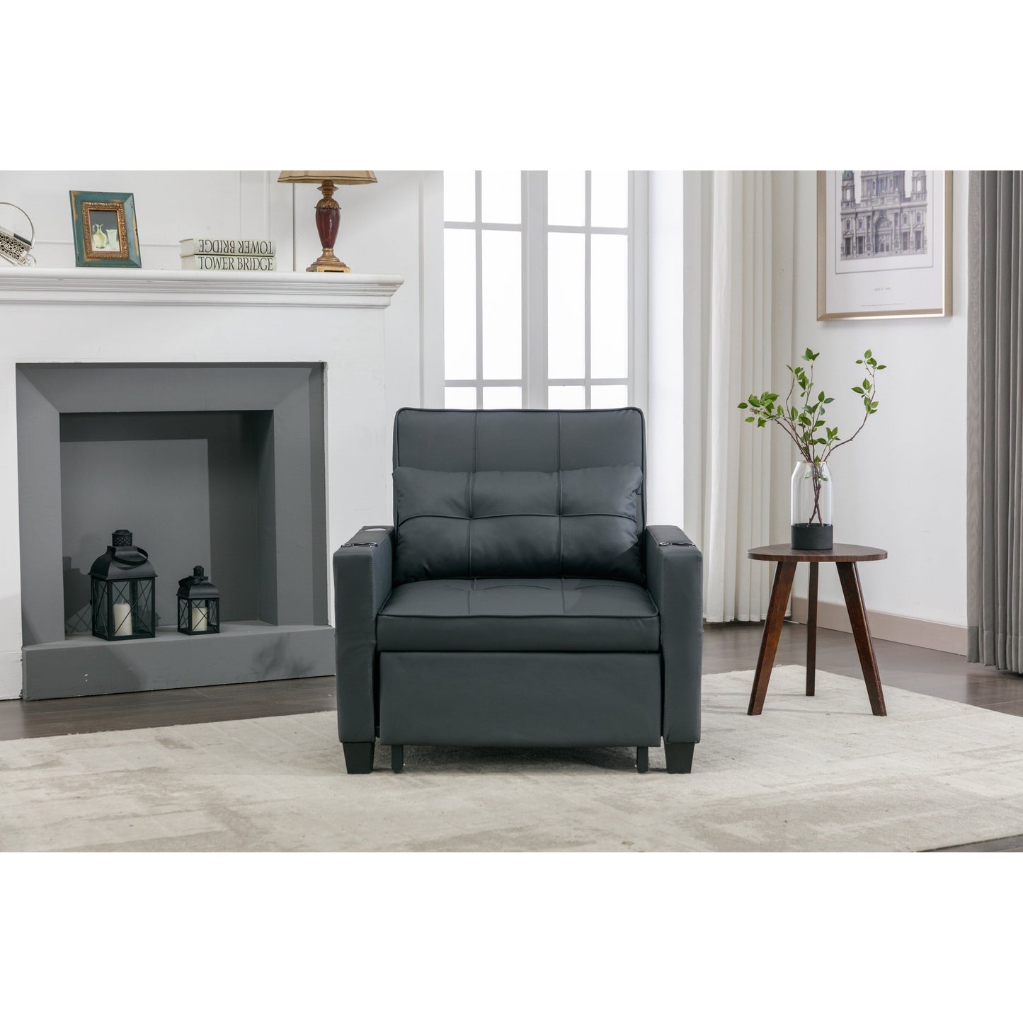 Canapé convertible 3 en 1 en similicuir noir 68.12 avec ports USB et tissu résistant à l'usure pour le salon