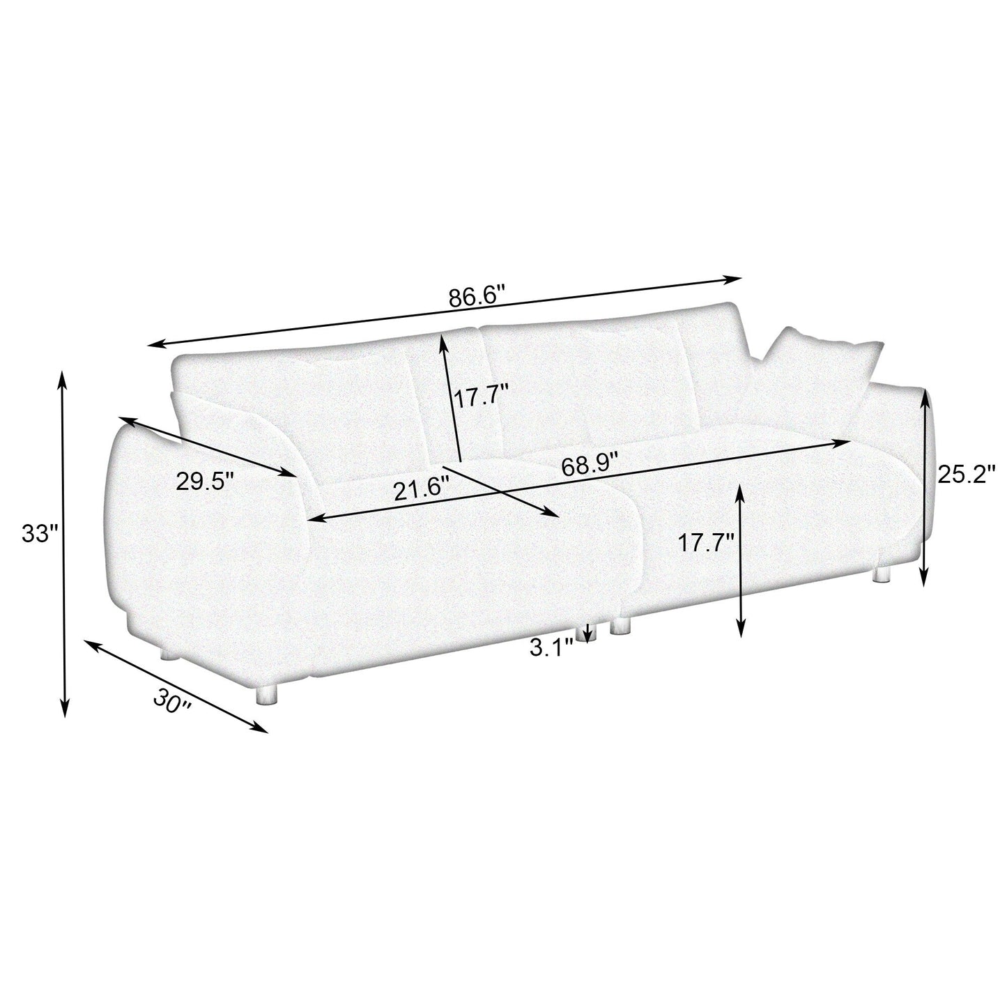 Canapé 3 places compact en laine Teddy noir de 86,6 pouces avec revêtement antitache, pieds en métal et 4 coussins