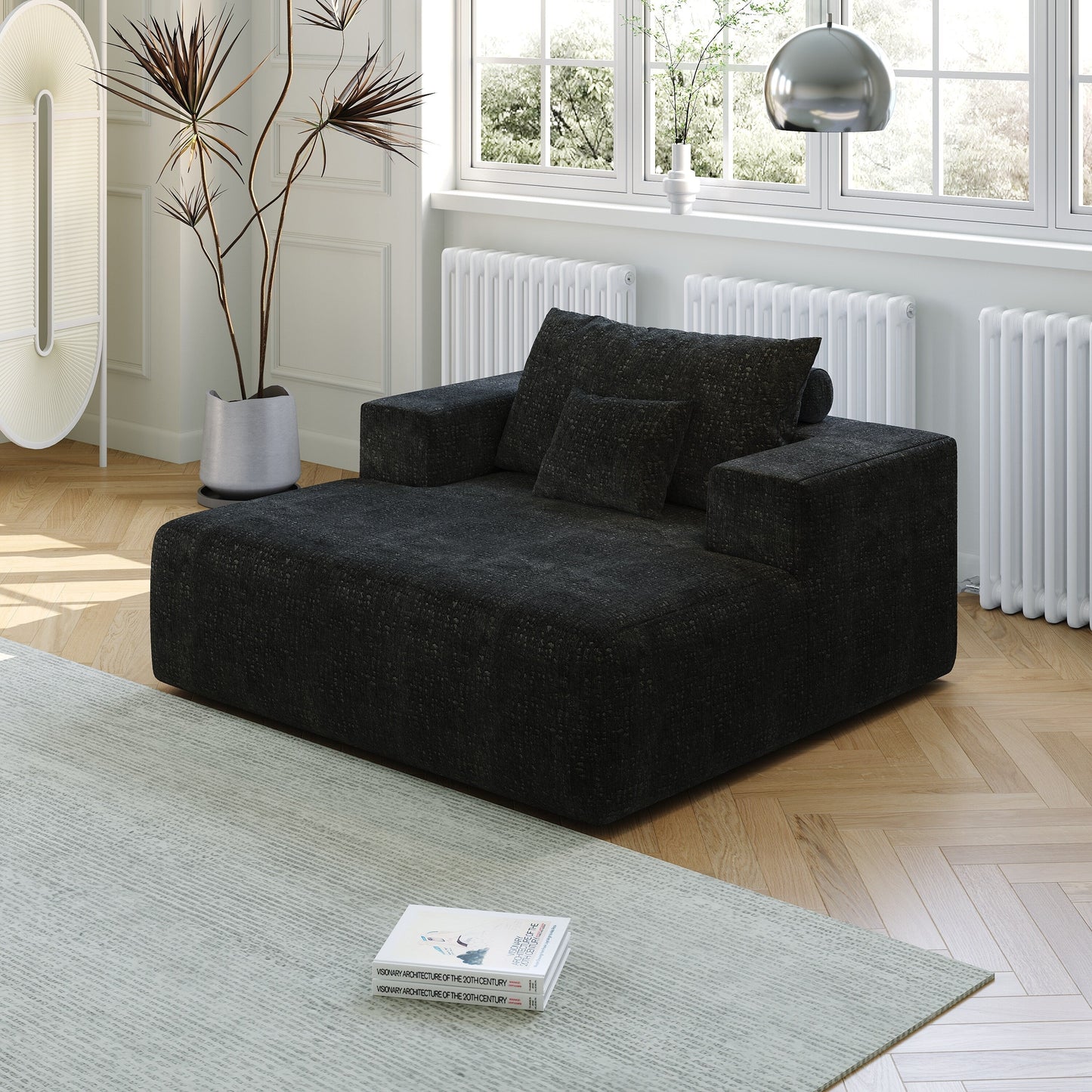 Canapé-lit simple en chenille noire avec coussin de dossier