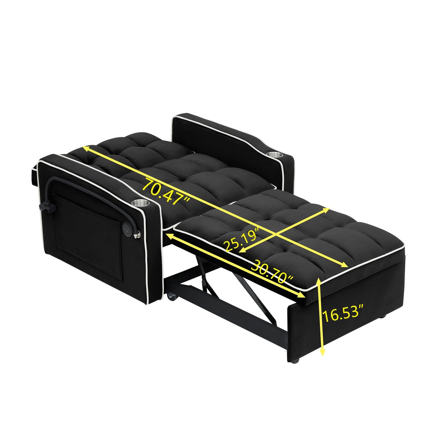 Canapé-lit simple convertible noir avec port de chargement USB