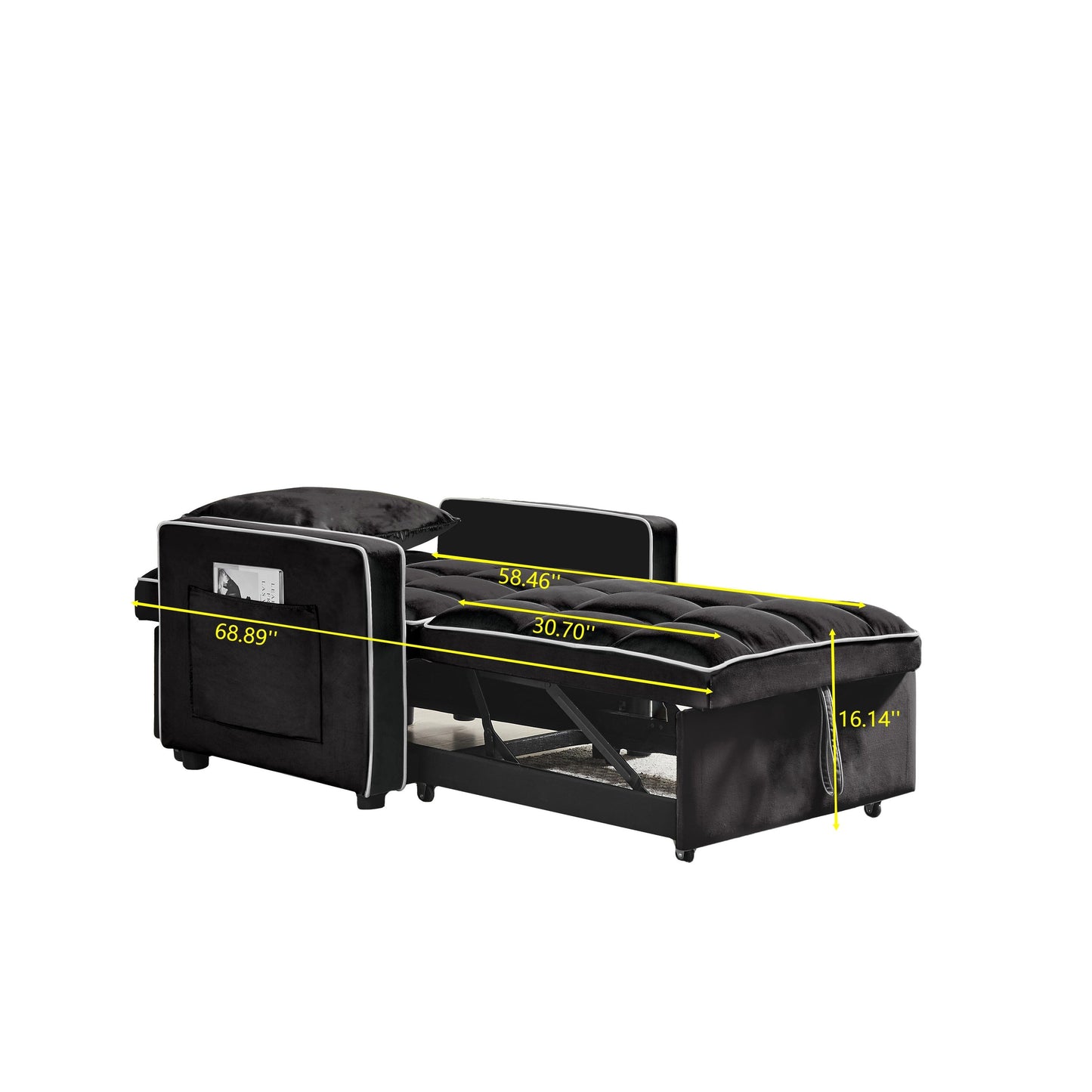 Canapé-lit simple 3 en 1 en velours noir moderne 35,43 cm avec dossier réglable et poche pour le salon