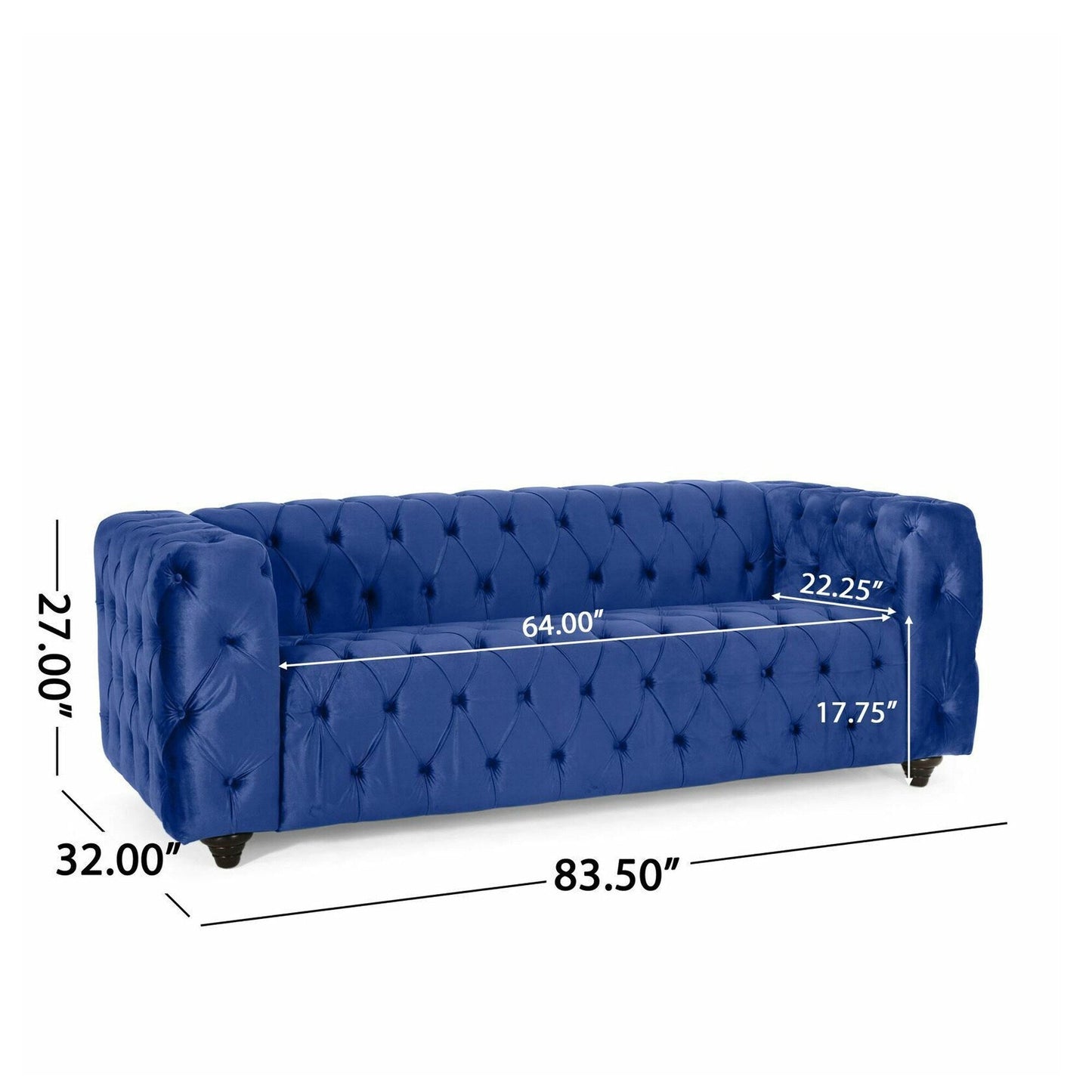 Canapé 3 places en velours bleu 83,5 pouces avec dossier capitonné, pieds en bois massif vintage et larges accoudoirs - Ideal & Study