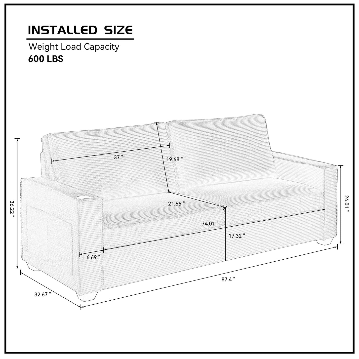 Canapé 3 places en velours côtelé marron avec porte-gobelet et rangement