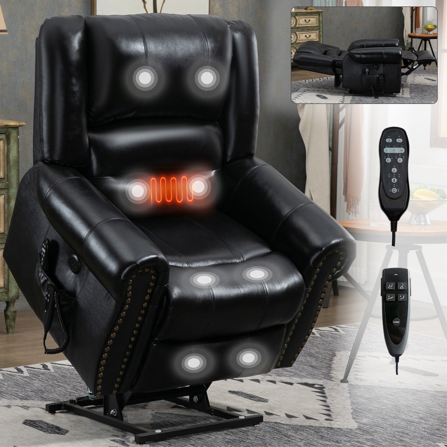 Fauteuil inclinable électrique en cuir véritable marron avec deux moteurs, massage chauffant, ports USB et angles d'inclinaison personnalisables