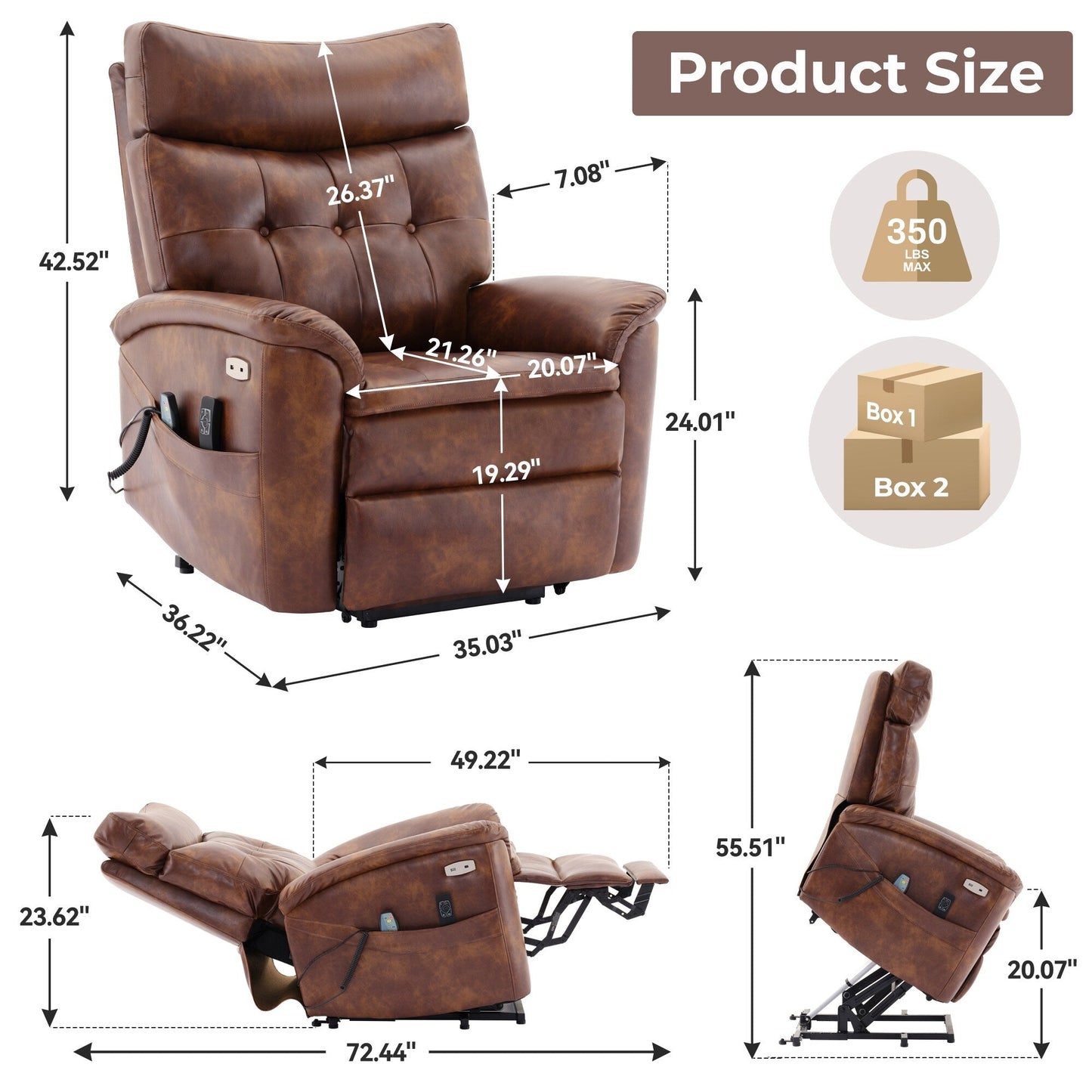 Fauteuil inclinable électrique en cuir marron avec massage 8 points, chauffage lombaire, ports USB et Type-C, conception à plat