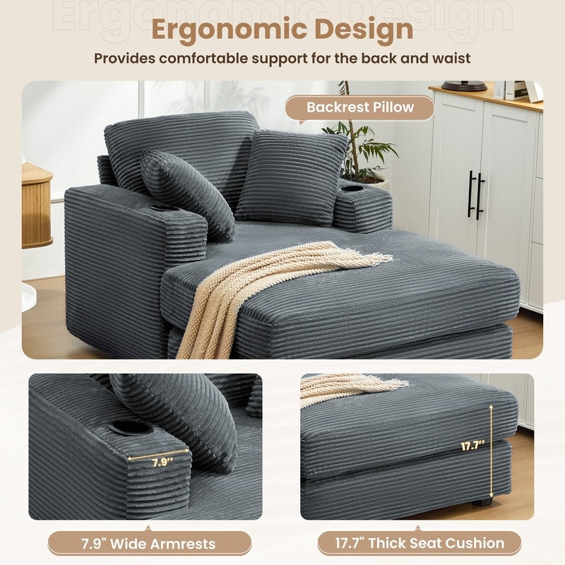 Canapé en velours côtelé de style chaise longue avec porte-gobelets et 3 coussins de dossier « Design de salon inclinable »