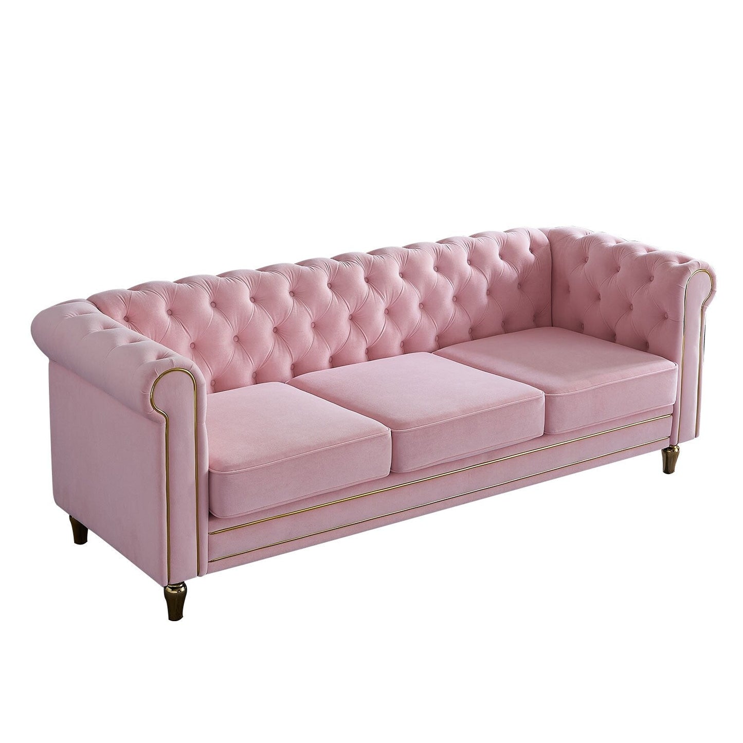 Canapé Chesterfield en velours avec bordure en bande dorée