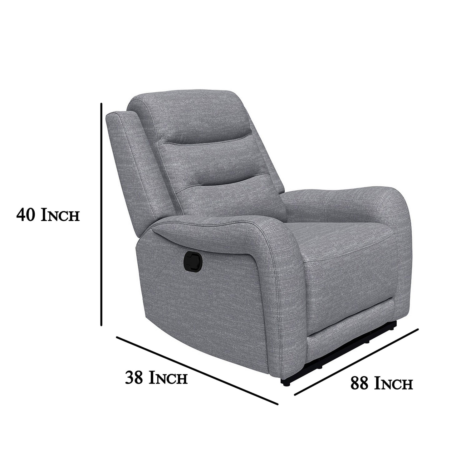 Fauteuil inclinable manuel Clair avec accoudoirs à volutes, structure en bois, tissu gris
