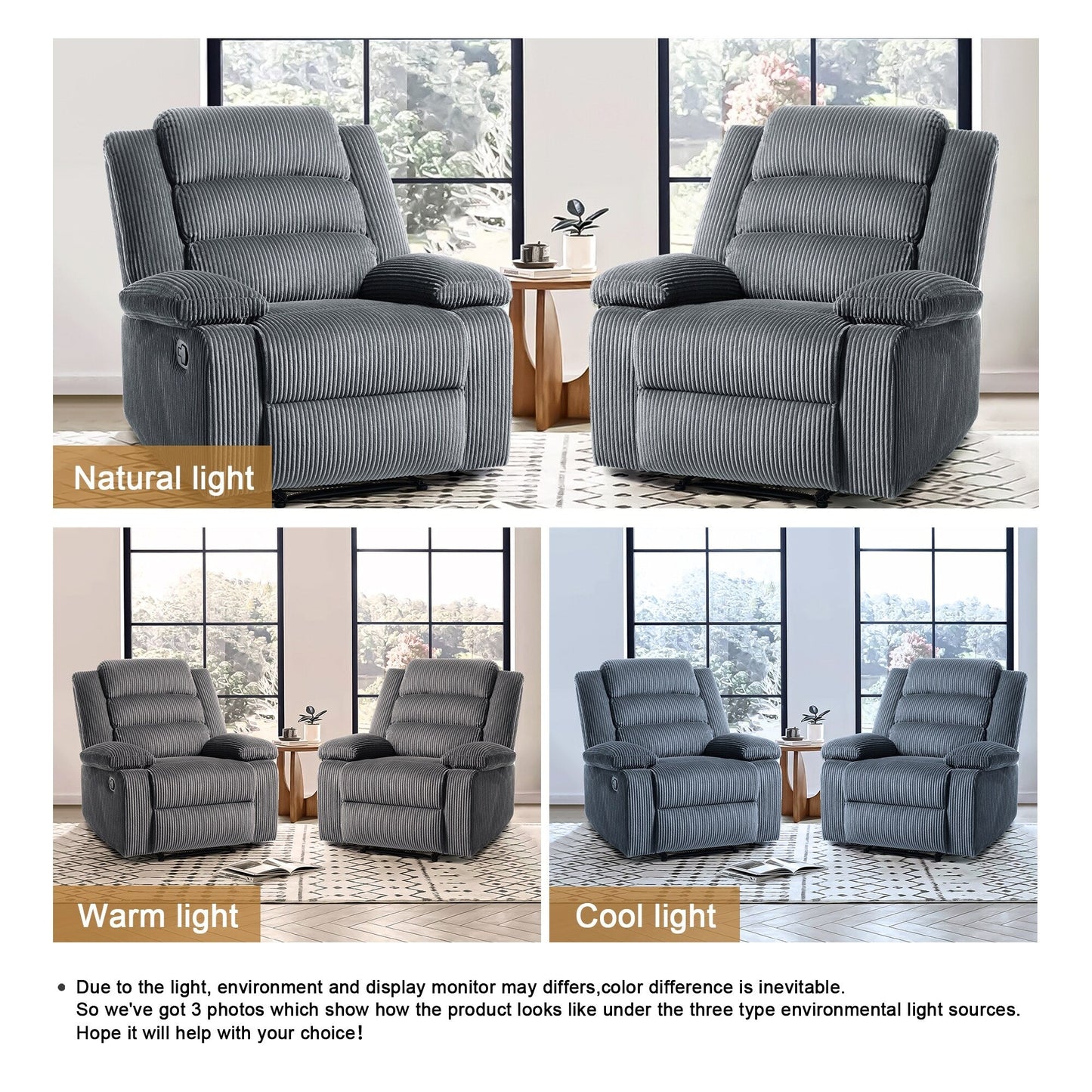 Fauteuil inclinable manuel classique rembourré en velours côtelé (lot de 2)