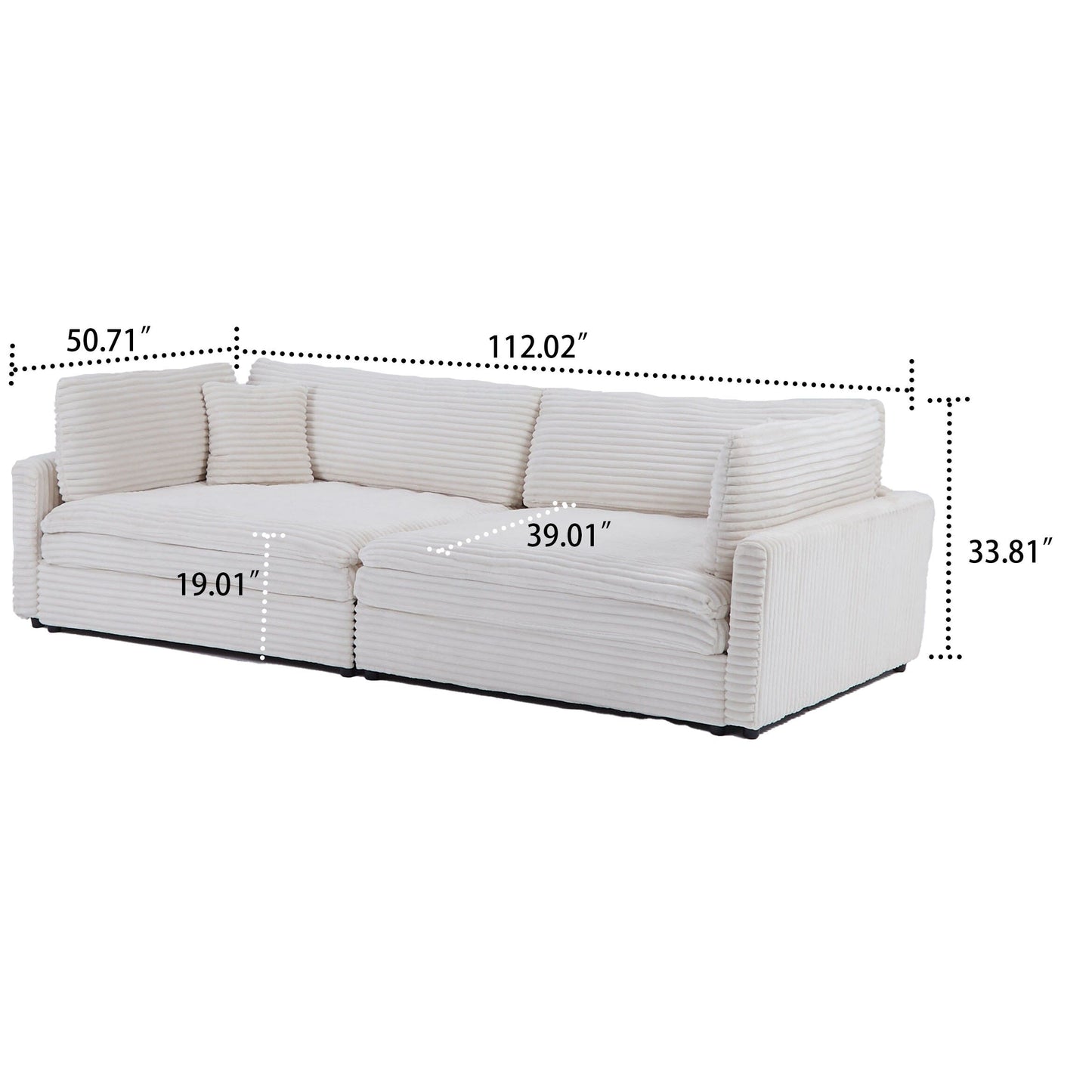 Canapé trois places classique et élégant en velours côtelé avec deux coussins décoratifs