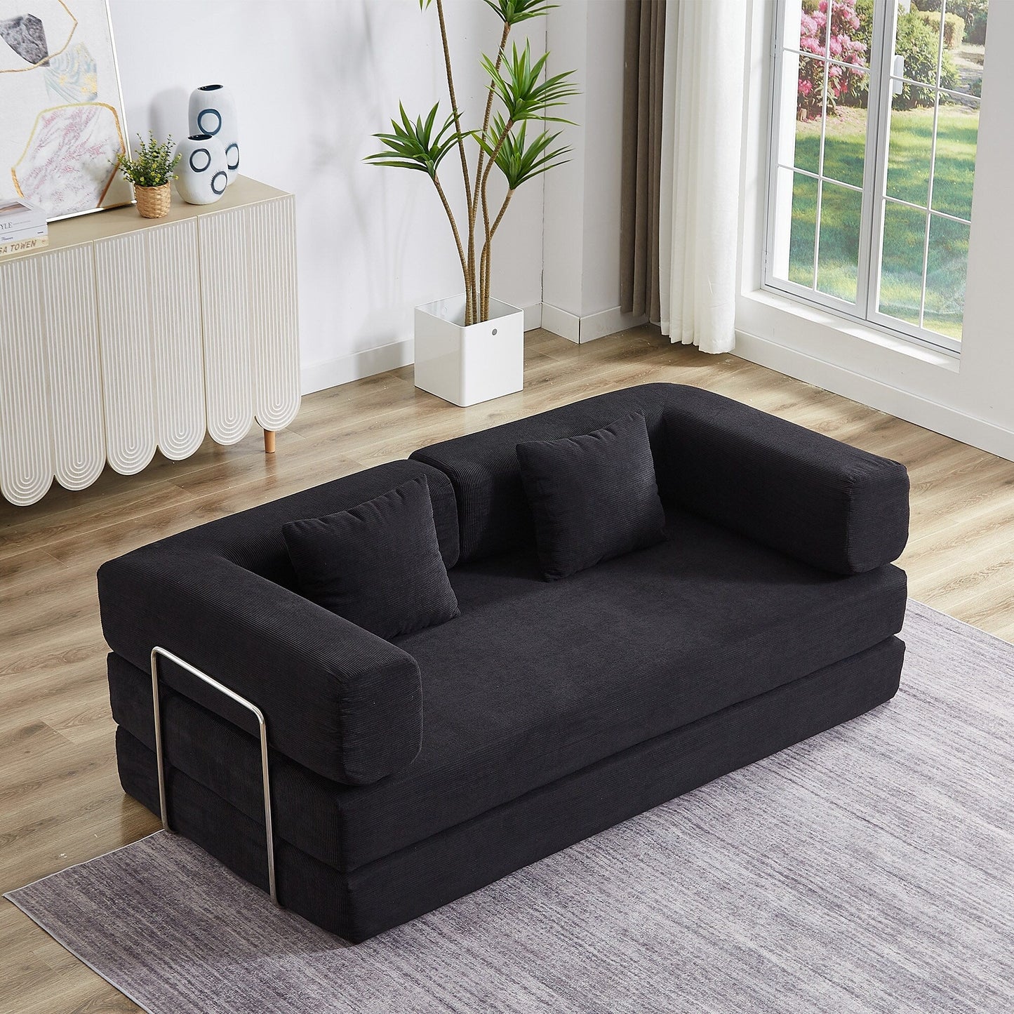 Canapé-lit convertible avec oreiller, matelas pliant 4 en 1 en velours côtelé avec cadre fixe