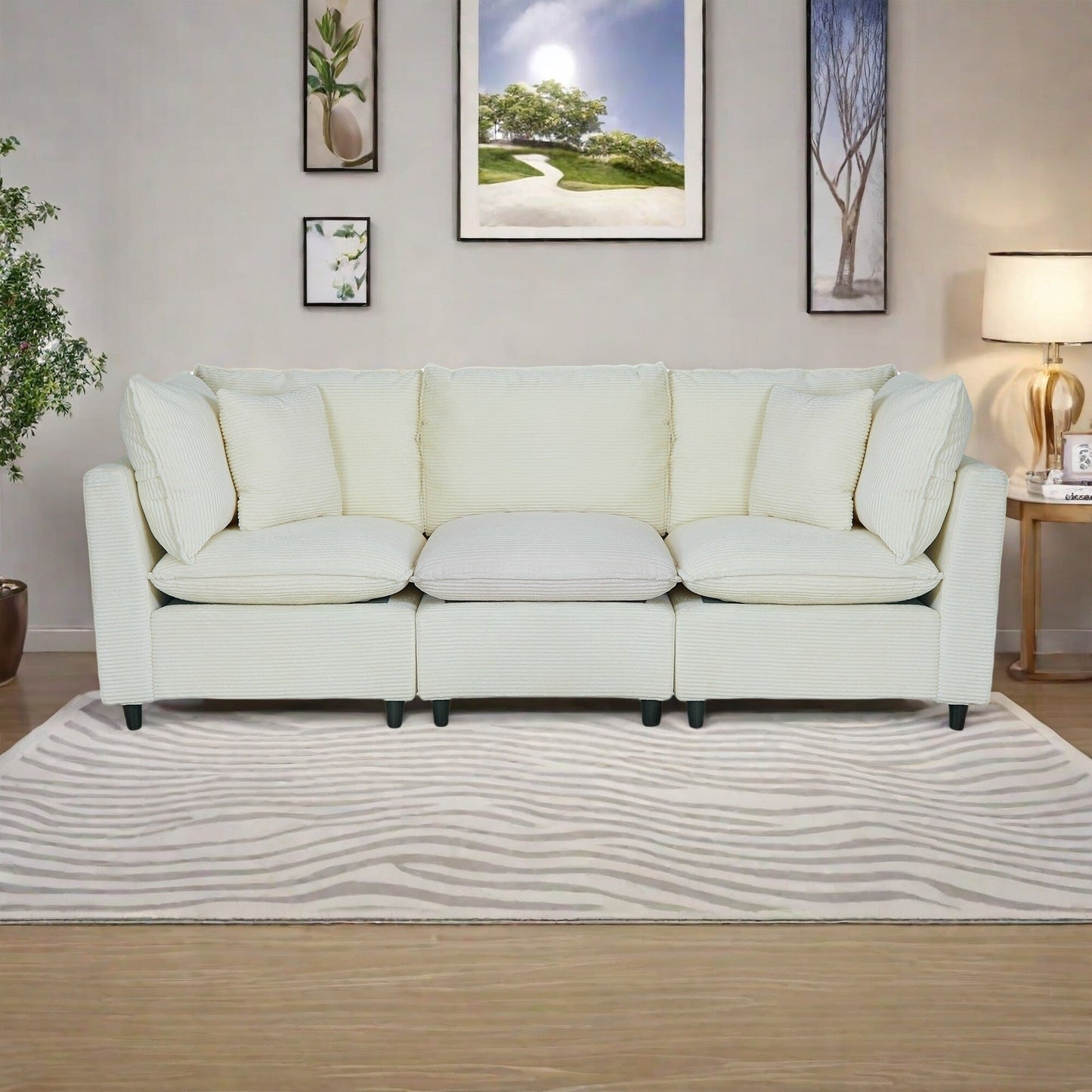 Canapé 3 places en velours côtelé avec 4 petits coussins, tissu respirant et coussins en éponge épais