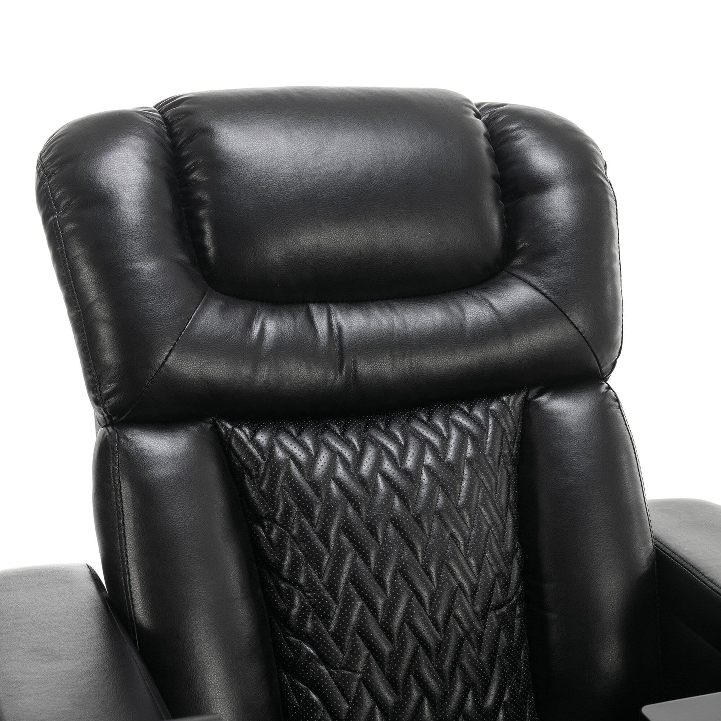 Fauteuil inclinable électrique pivotant en cuir synthétique avec plateau, porte-gobelet et rangement dissimulé pour accoudoirs