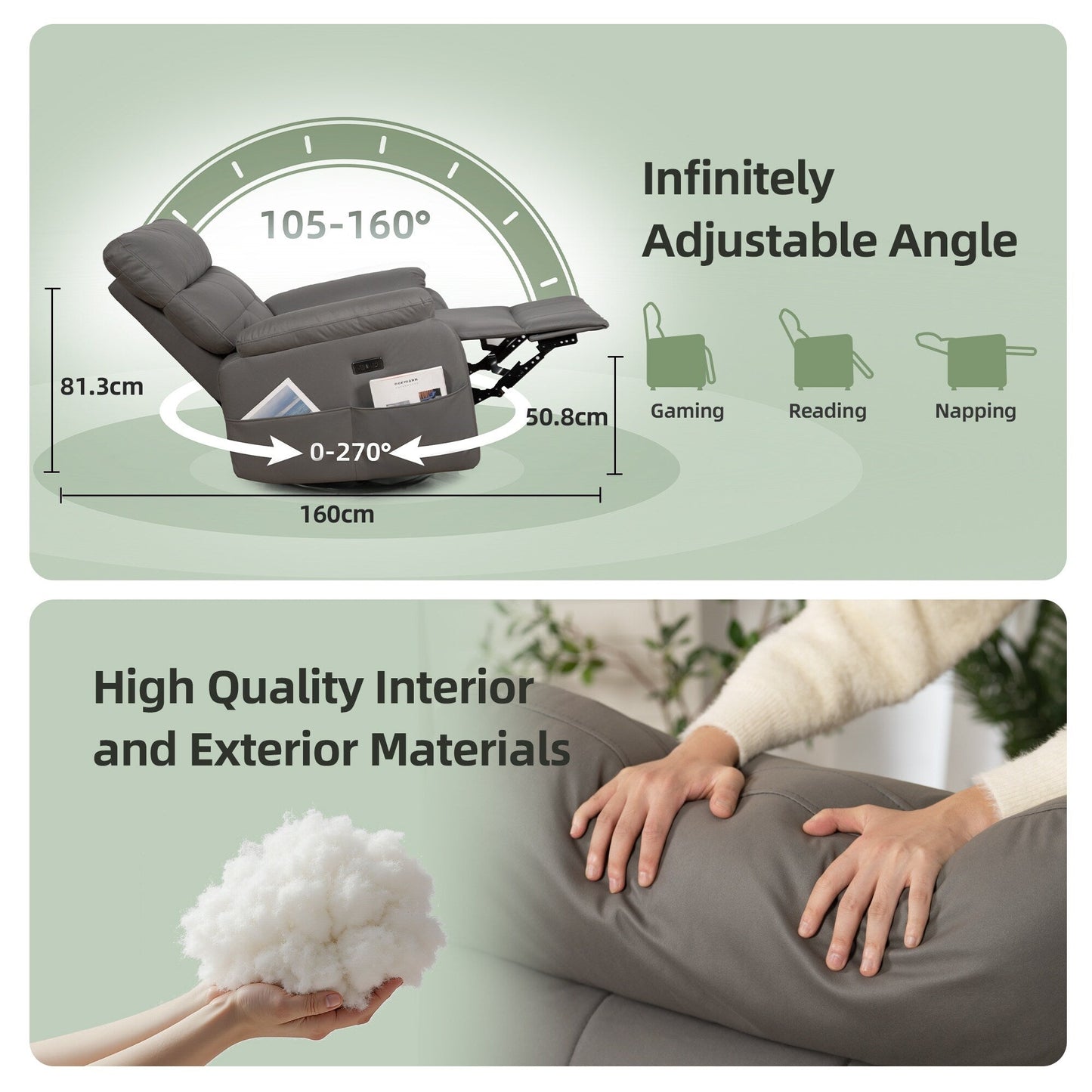 Fauteuil inclinable pivotant électrique - Fauteuil inclinable massant surdimensionné en cuir PU avec chargement USB/Type-C