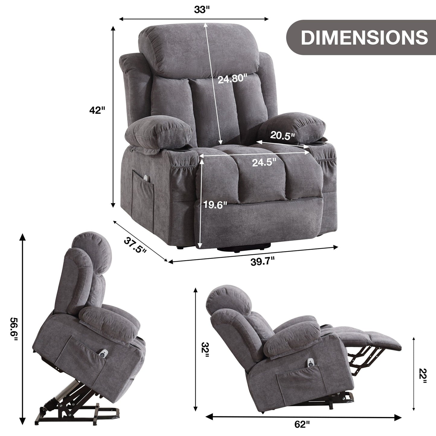 Fauteuil releveur électrique inclinable avec chauffage, massage, port USB, rangement latéral et télécommande conviviale