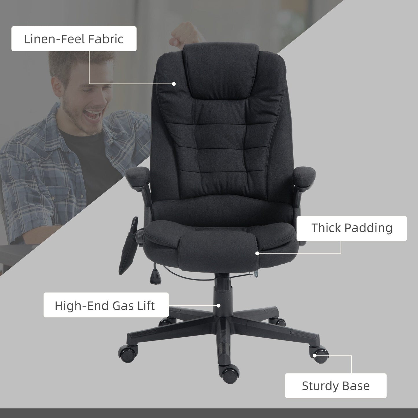 Fauteuil de bureau ergonomique à vibrations et massage, dossier réglable, inclinable, avec 6 points de massage et chauffage lombaire