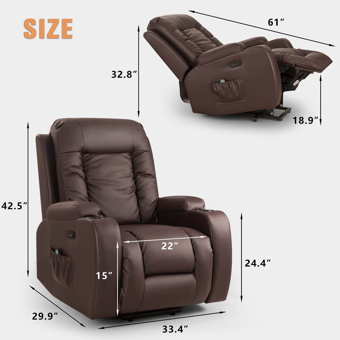 Fauteuil inclinable électrique Furniwell en cuir PU avec port USB