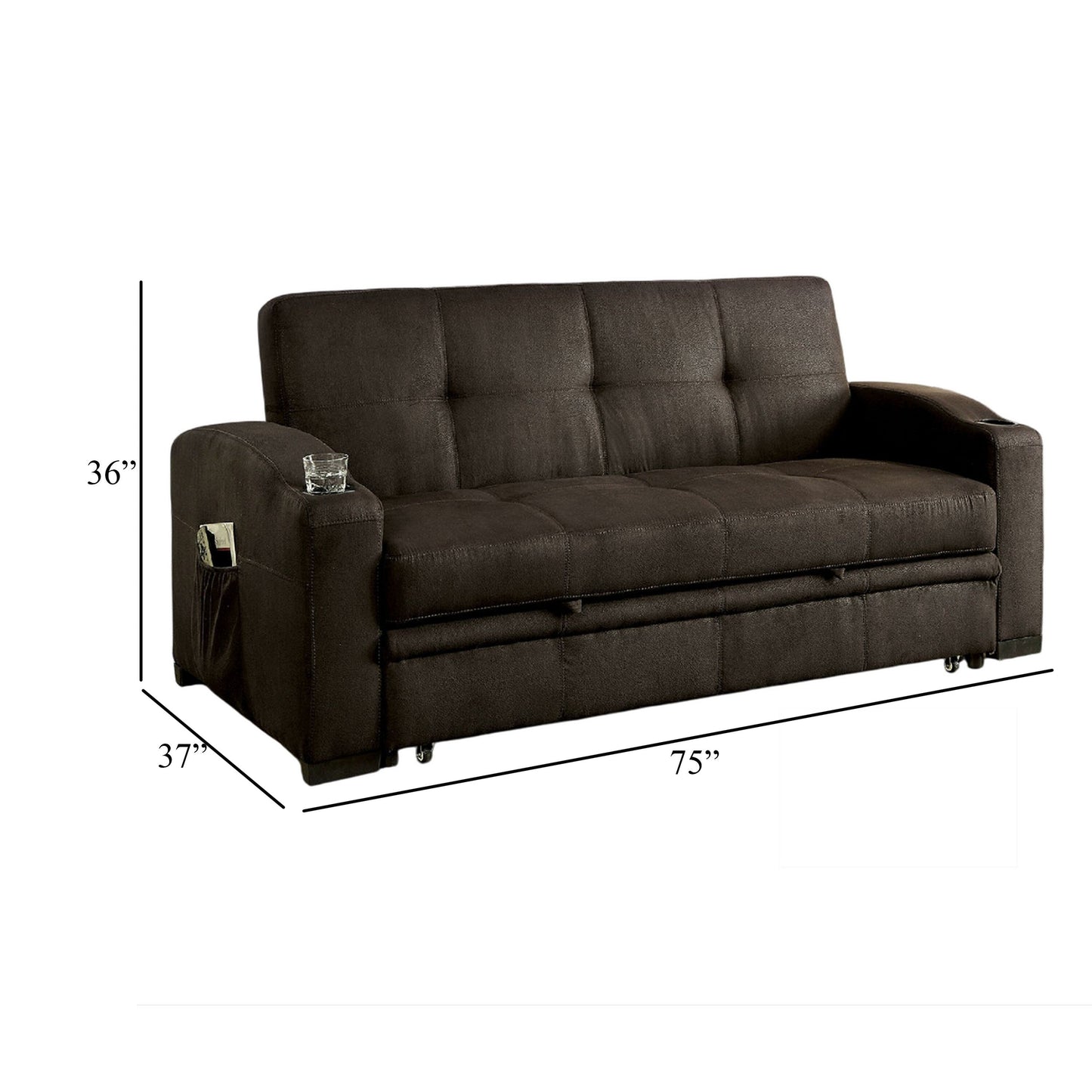 Canapé futon, revêtement en tissu marron, base coulissante, capitonnage à boutons