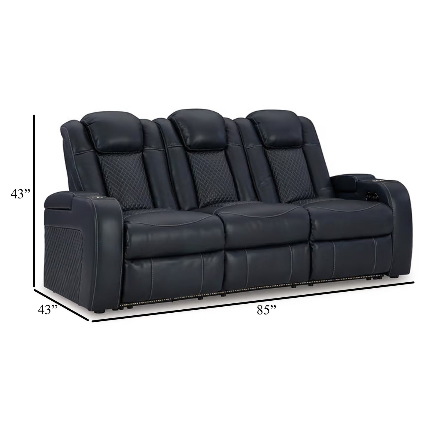 Canapé inclinable électrique Fynne, LED, similicuir bleu saphir, 85 pouces