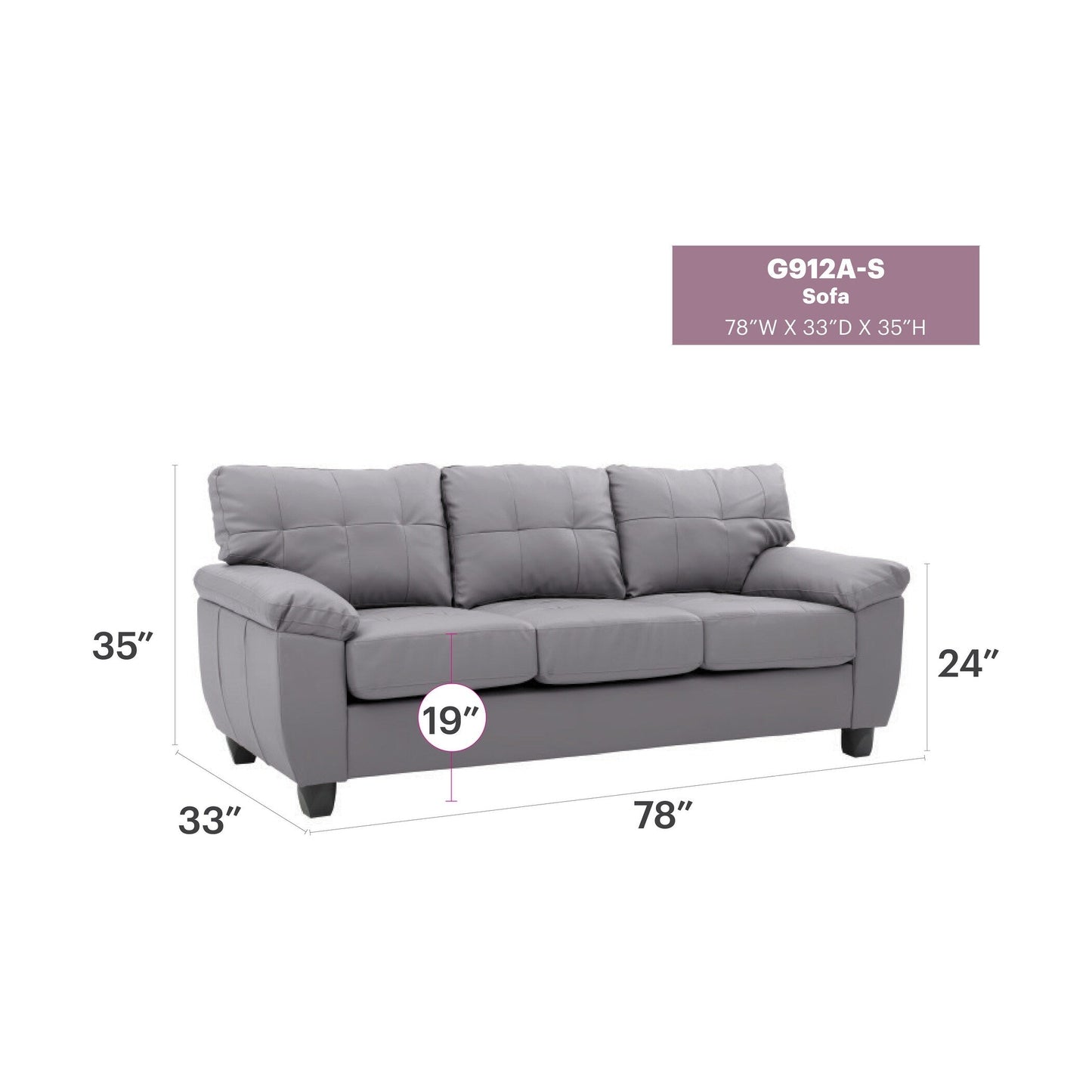 Canapé droit Gallant 78 po de largeur avec accoudoirs évasés en similicuir - 33 L x 78 l x 35 H