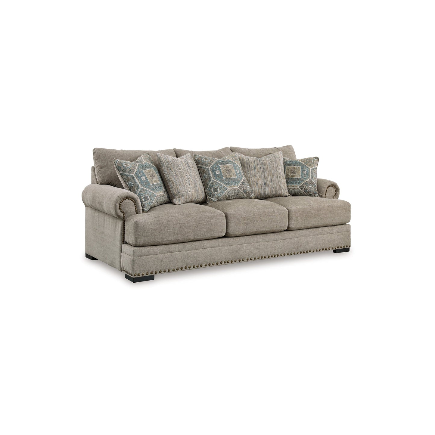 Canapé Golo, 5 coussins décoratifs, tissu gris taupe 97 pouces, garniture cloutée